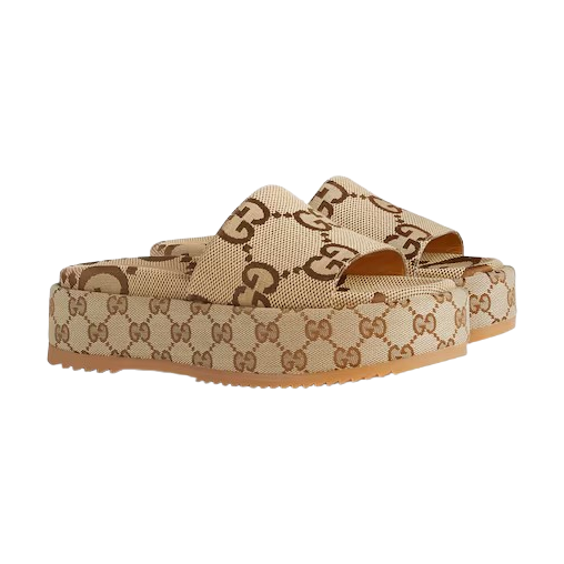 GUCCI platform slide sandal in camel and dark brown MAXI GG canvas