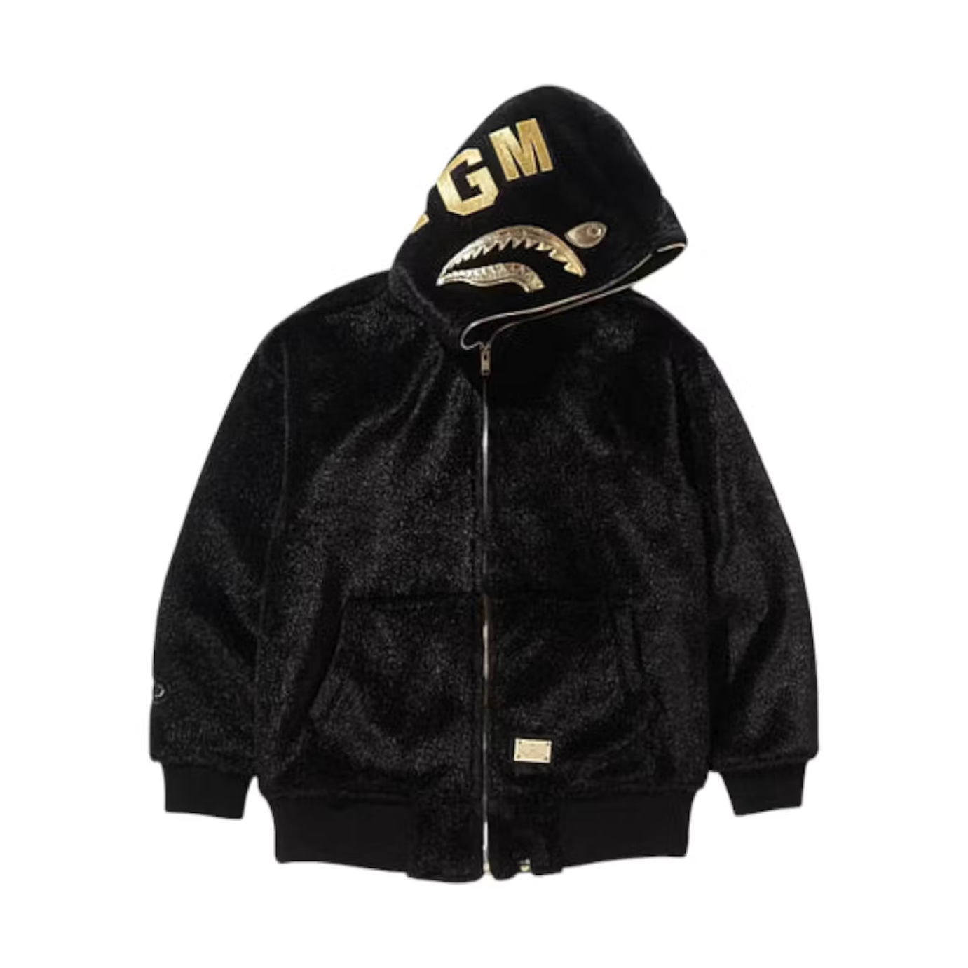 BAPE Black Collection Black & Gold Fur Leather Shark Bomber Jacket Black