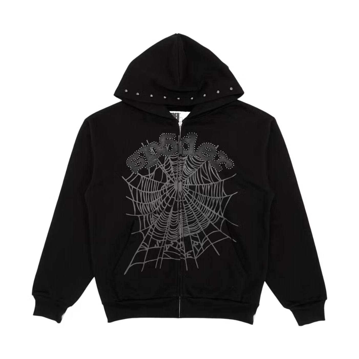 Sp5der OG Web Studded Zip Hoodie Black